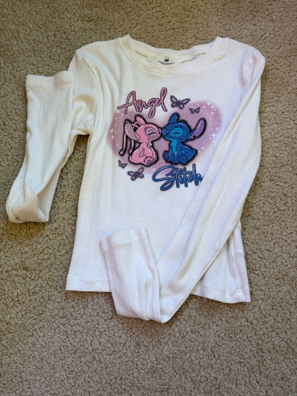 H&M White Long Sleeve Top with Pink & Blue Angel & Stitch Graphic